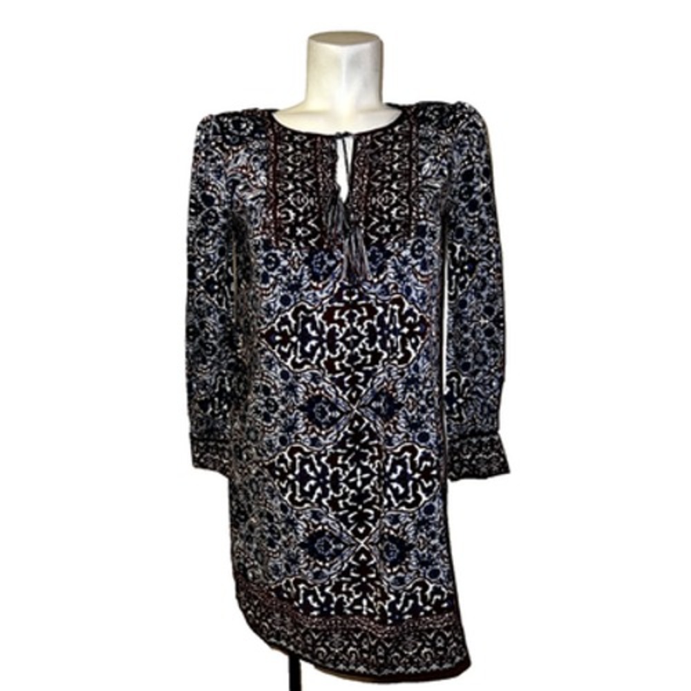 Max Studio Womens Small Burgundy Navy Medallion Print Tassel Shift Dress 5906A62